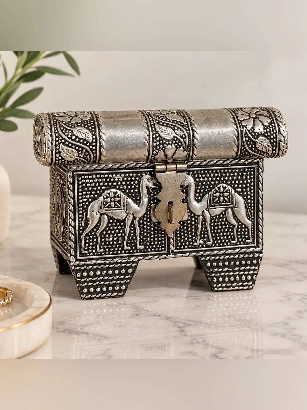 Vintage Camel Floral Ornate Metal Handcrafted Jewelry Box